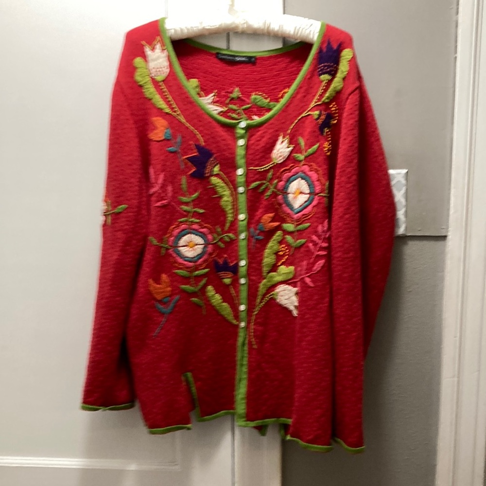 Gudrun Sjoden red embroidered cardigan XL.
